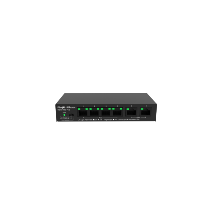 6-Port 10/100Mbps desktop unmanaged PoE switch Unmanaged switch, which is visible on Ruijie Cloud APP Large buffer for smooth data transmission High network reliability High-quality design Adaptation to various scenarios